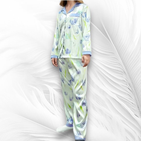Other - Women’s Satin Pajama Set L – Floral Print Button Top & Pants (Light Purple/Blue)